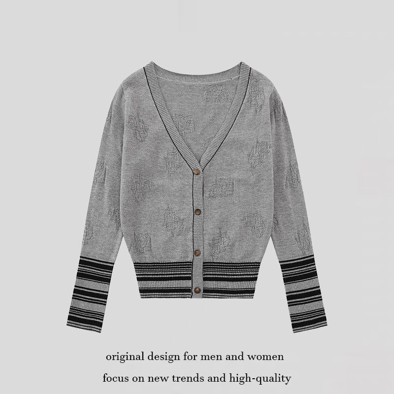 Ladies cardigan with V-neck, fine jacquard pattern and contrasting cuffs Amarae