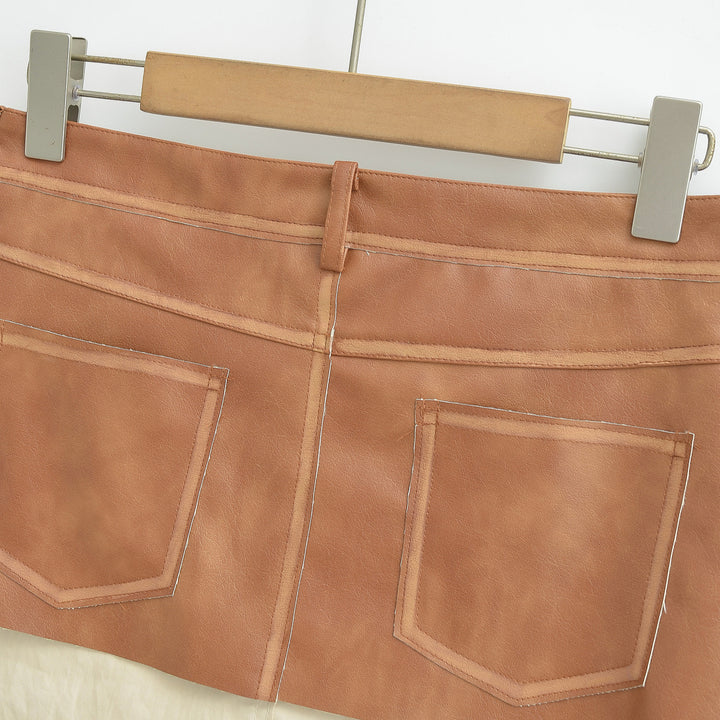 Ladies High-Waisted Faux Leather Mini Skirt with Decorative Seams and Belt Loops Amarae