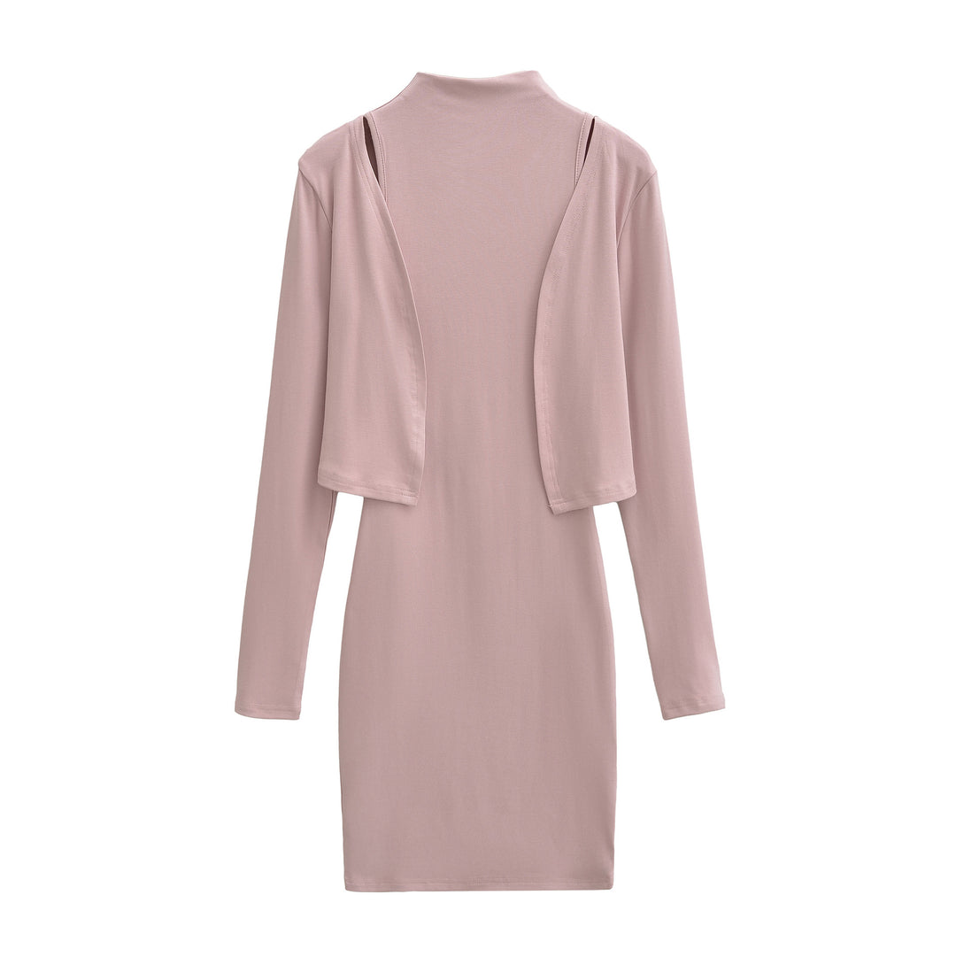Ladies Figured Close-Fitting Midi Dress with Integrated Bolero and Stand-Up Collar Amarae
