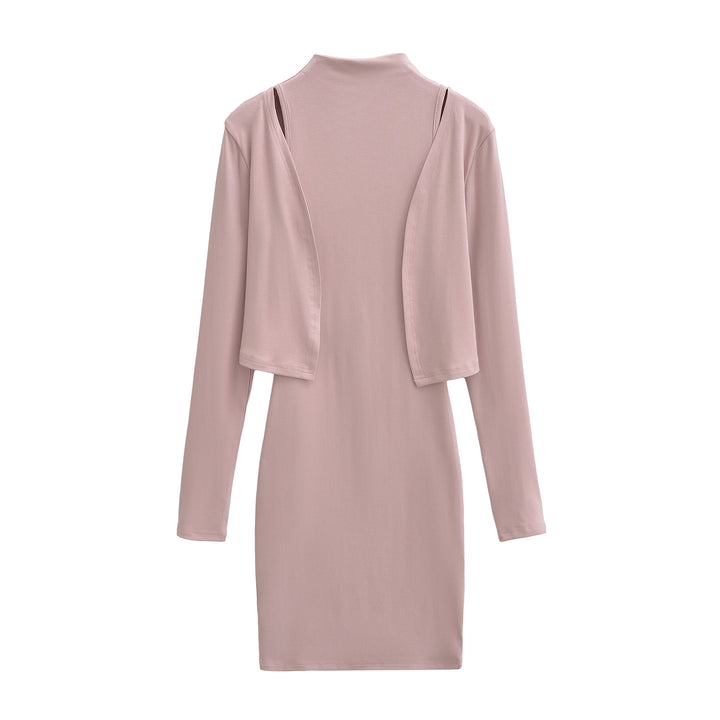 Ladies Figured Close-Fitting Midi Dress with Integrated Bolero and Stand-Up Collar Amarae