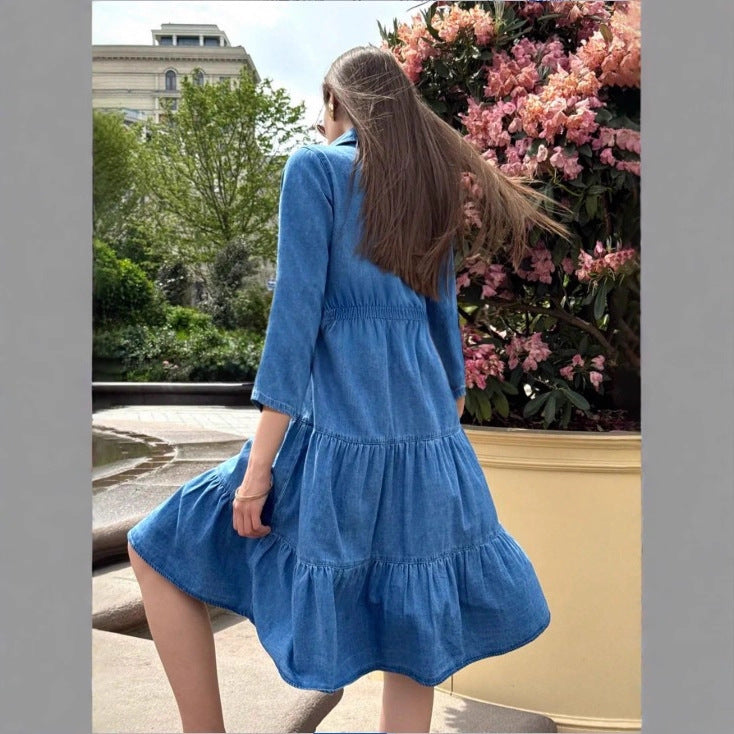 Women's button-down shirt dress made of denim with a waist-defining elastic band, button placket & tiered skirt Amarae