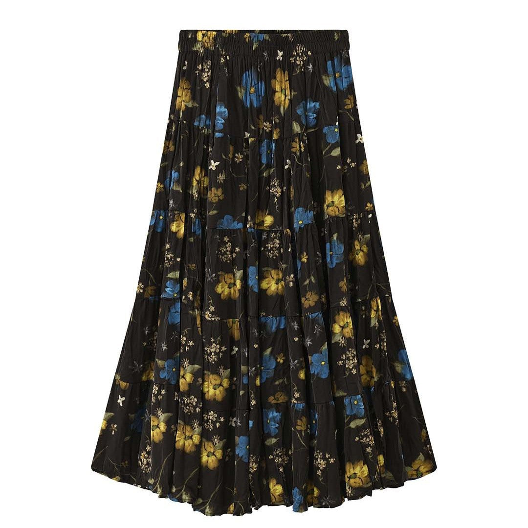 Women's Long Tiered Skirt with Pleated Ruffles and Floral Print Amarae