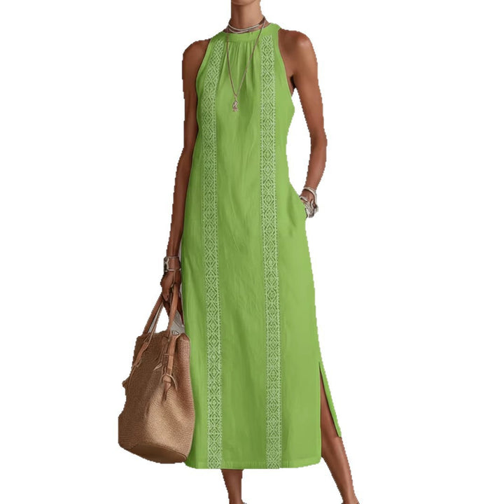 Women Elegant Summer Maxi Dress with Lace Appliqué and Side Slit Lune London
