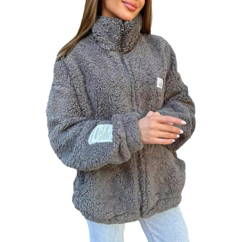 Ladies Plush Fleece Jacket with High Collar and Practical Pockets Lune London