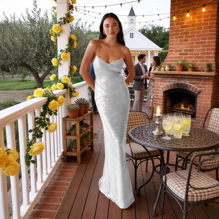 Women's Elegant Evening Dress with Sparkling Sequins and Deep V-Neck Lune London