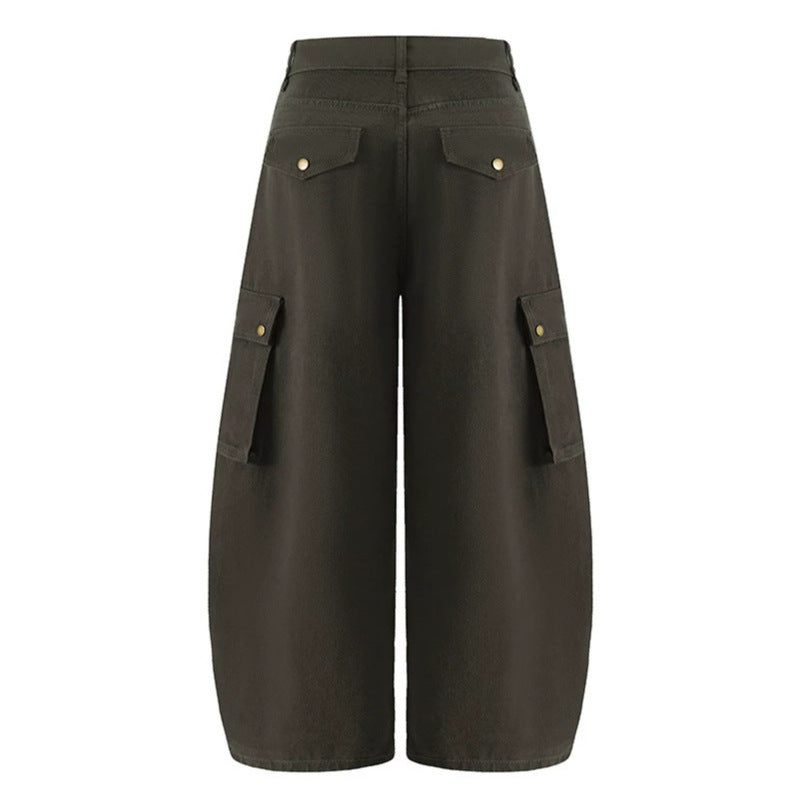 Women's Wide Cargo Palazzo Pants with High Waist, Balloon Hem, and Multiple Flap Pockets