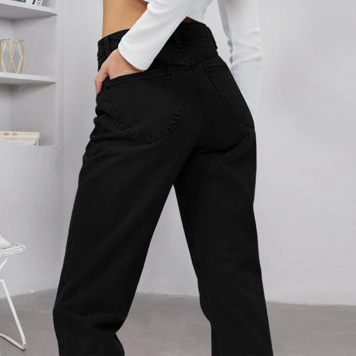Women high-waisted straight-cut jeans made of rigid denim with raw hem Amarae