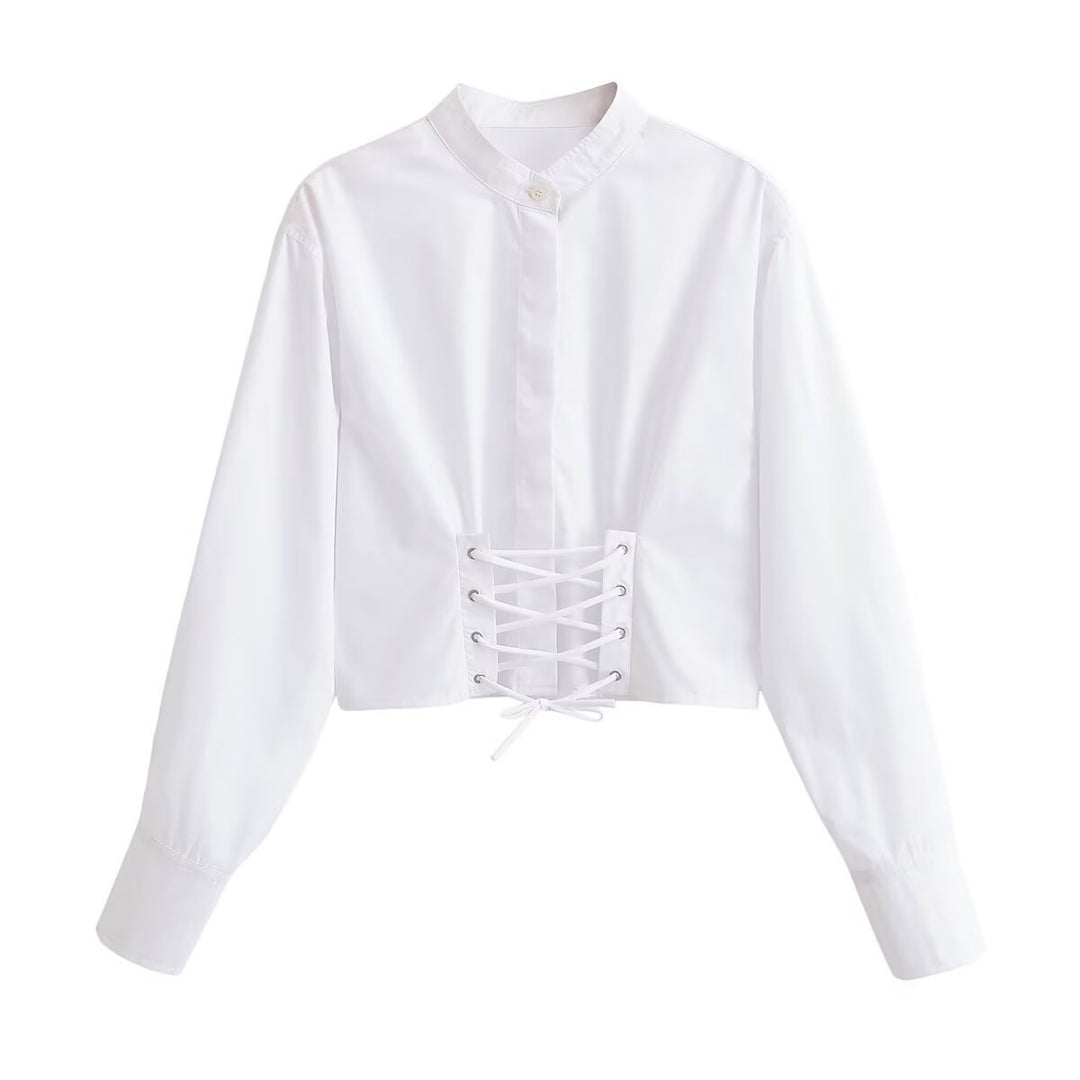 Women's short blouse with stand-up collar, cord corsage at the hem and voluminous sleeves Amarae