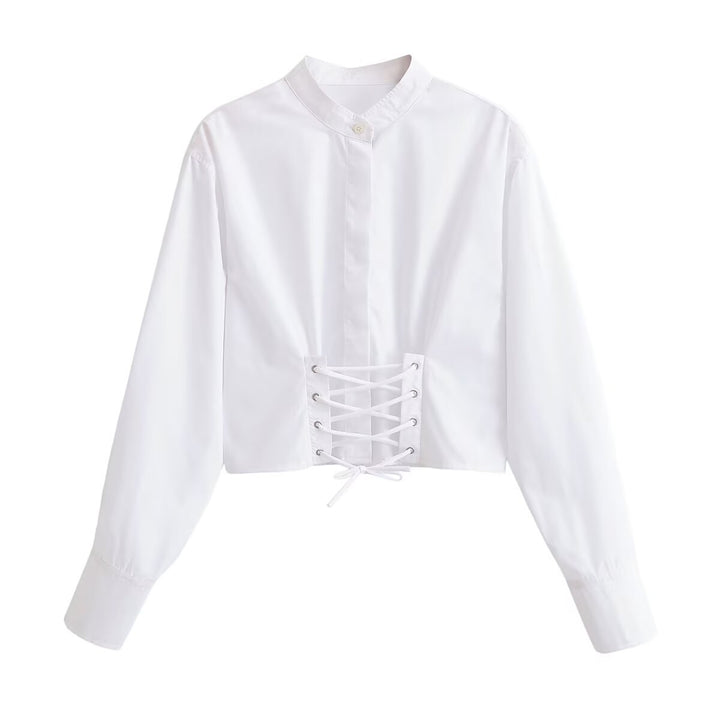 Women's short blouse with stand-up collar, cord corsage at the hem and voluminous sleeves Amarae