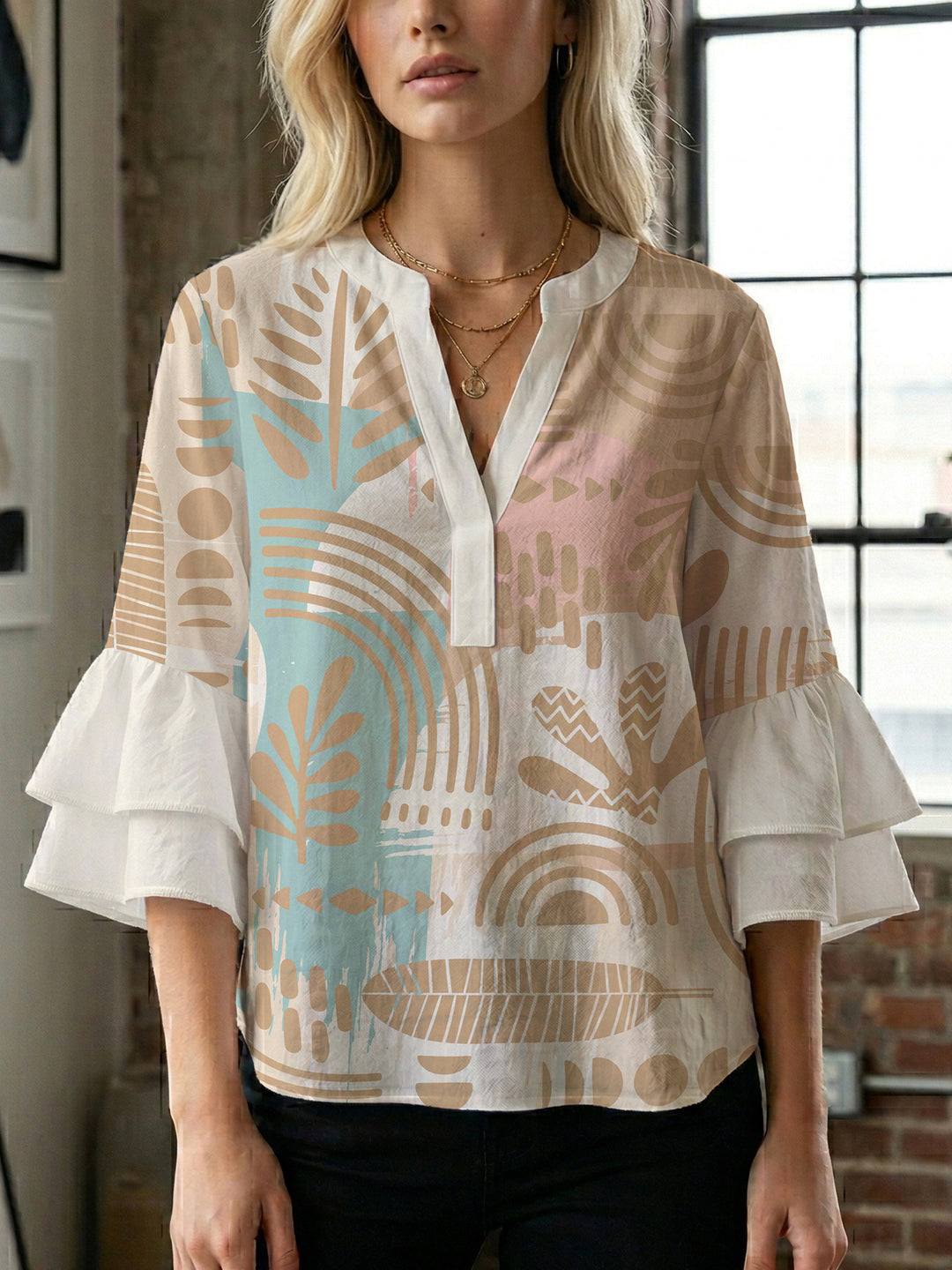 Women's blouse with ruffle details and eye-catching animal print Lune London