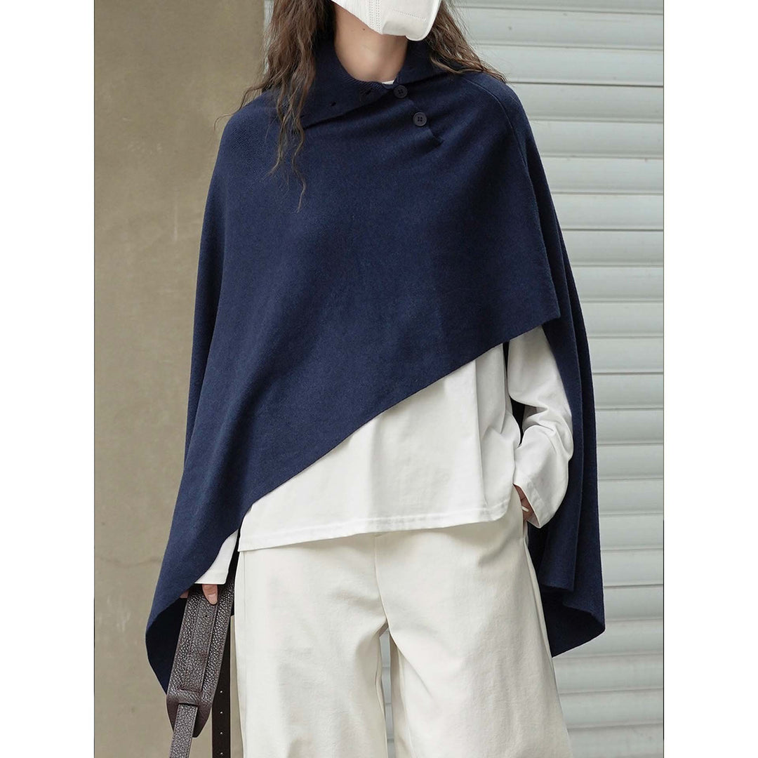 Women's Asymmetrical Knit Poncho with Button Collar and Oversized Silhouette Amarae