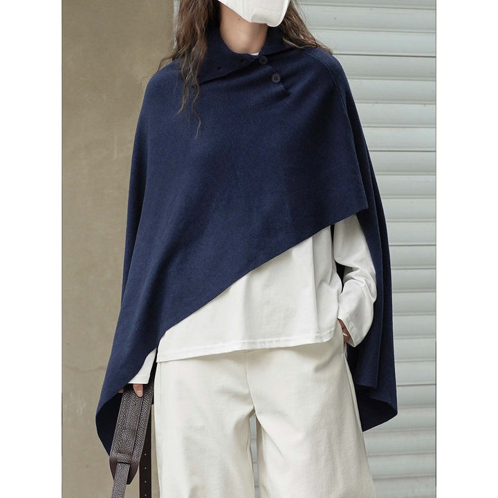 Women's Asymmetrical Knit Poncho with Button Collar and Oversized Silhouette Amarae