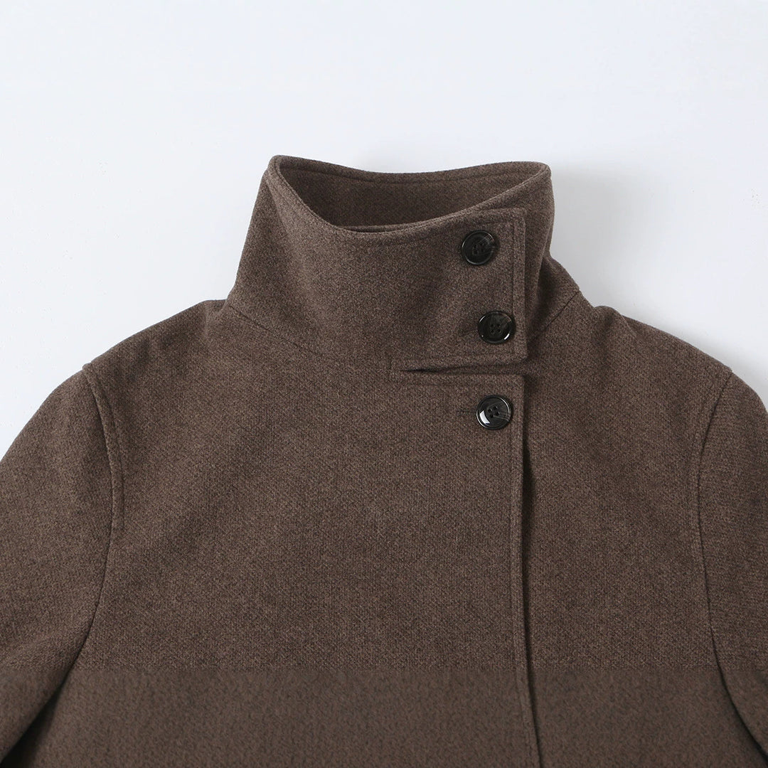Women's wool coat with stand-up collar, tie belt and asymmetric button placket Amarae