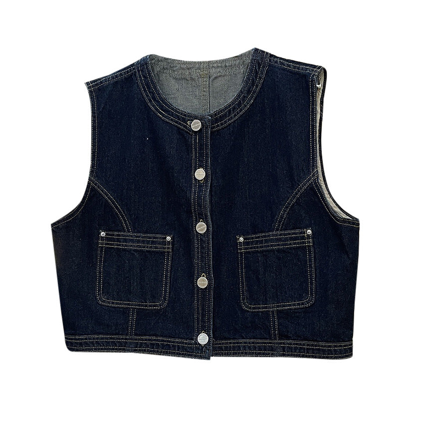 Women's Short Boxy Denim Vest with Contrast Stitching and Patch Pockets Amarae