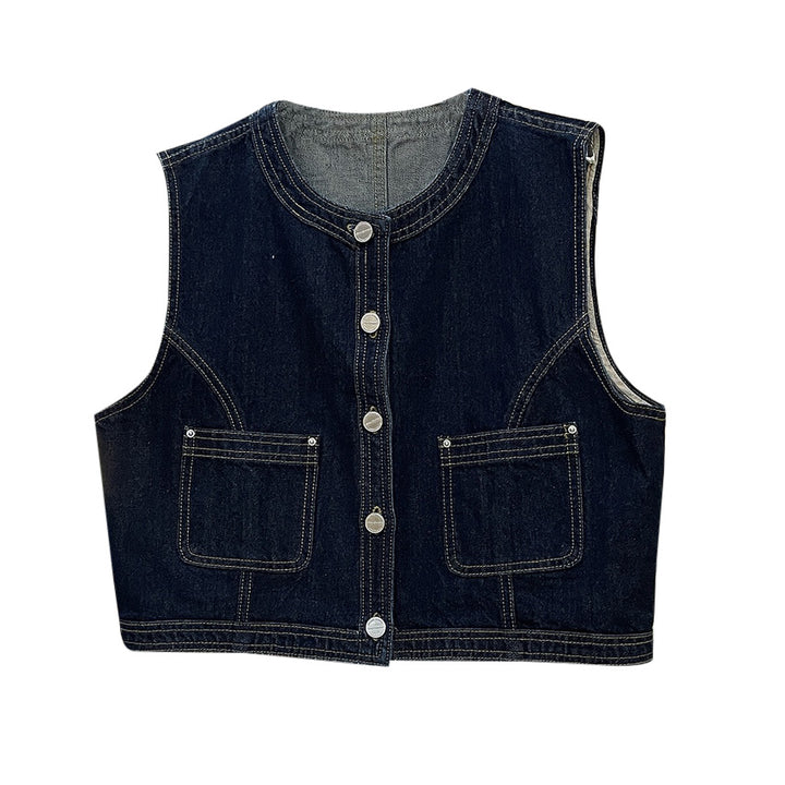Women's Short Boxy Denim Vest with Contrast Stitching and Patch Pockets Amarae