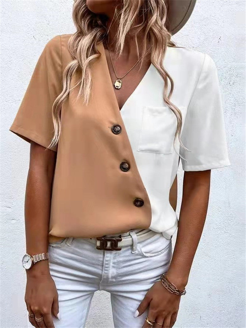Short-sleeve women's blouse with asymmetrical cut and button details Lune London