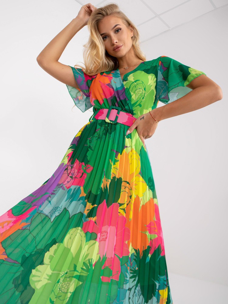 Chic Floral Pleated Maxi Dress for Women with Belt