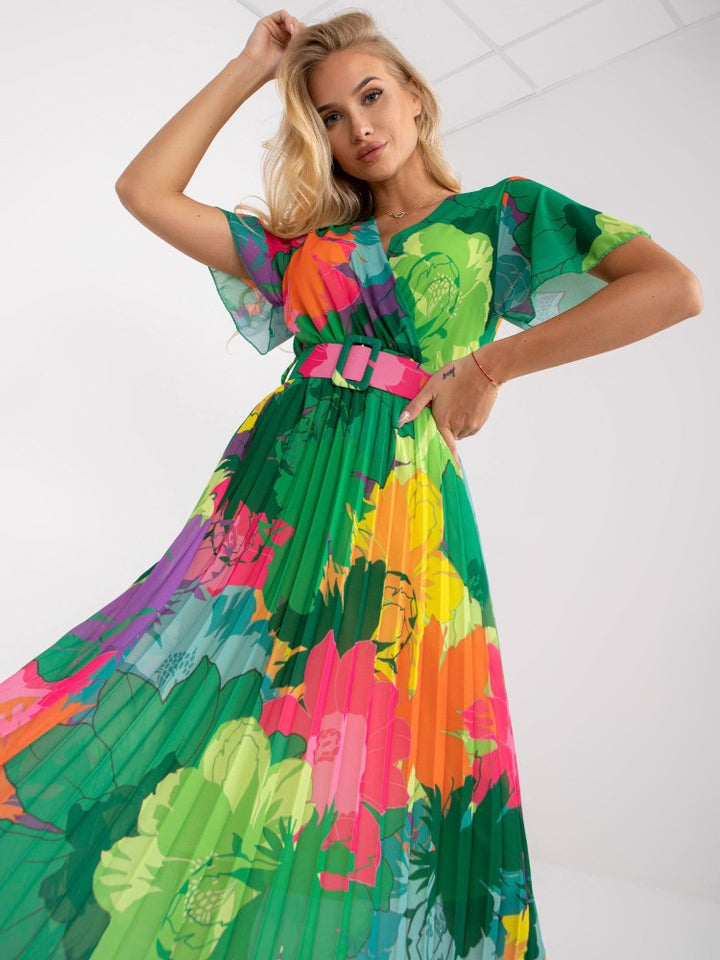 Chic Floral Pleated Maxi Dress for Women with Belt