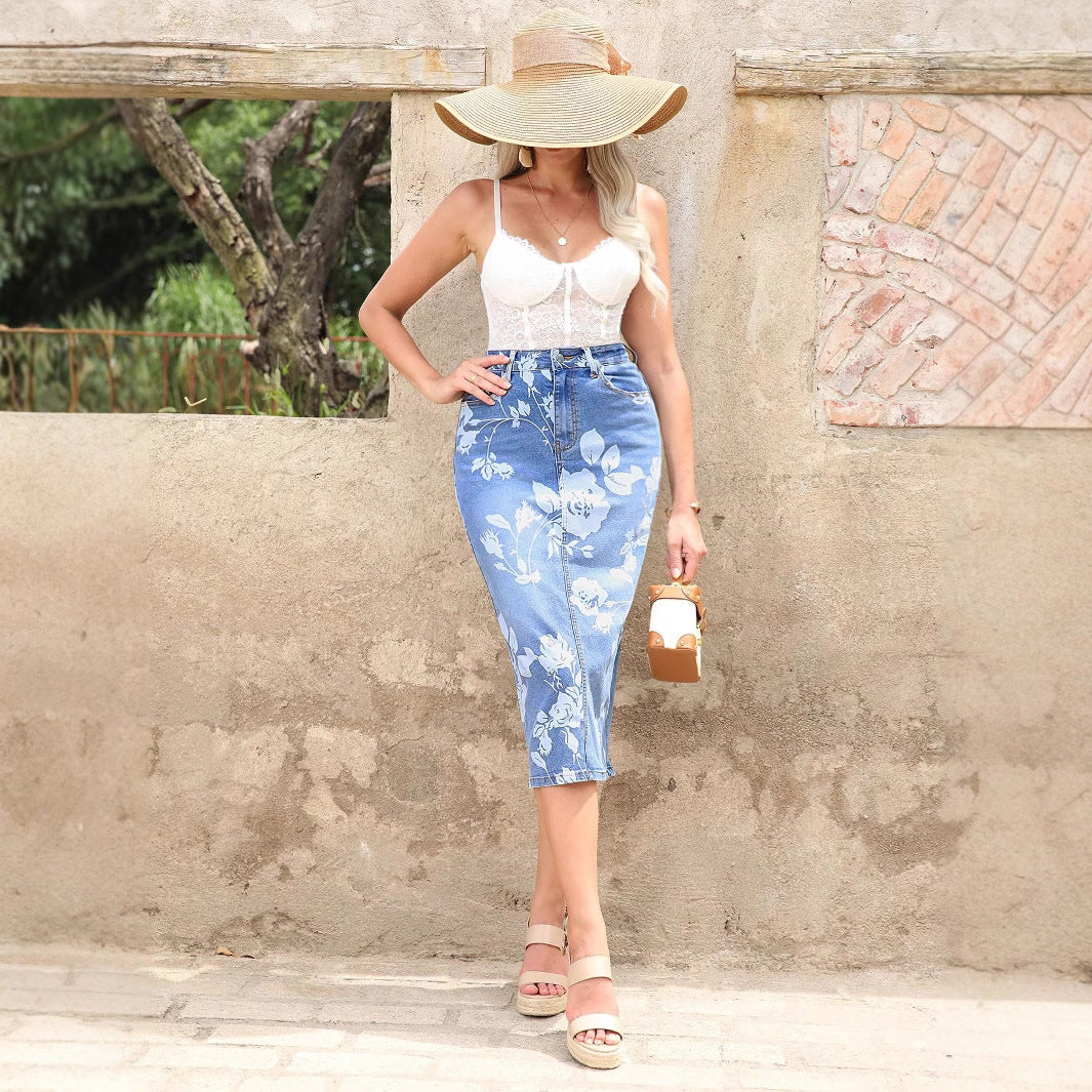Women's high-waisted floral denim pencil skirt (Midi) Amarae