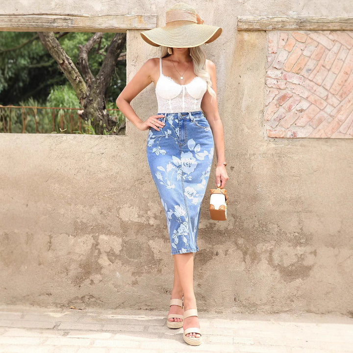 Women's high-waisted floral denim pencil skirt (Midi) Amarae