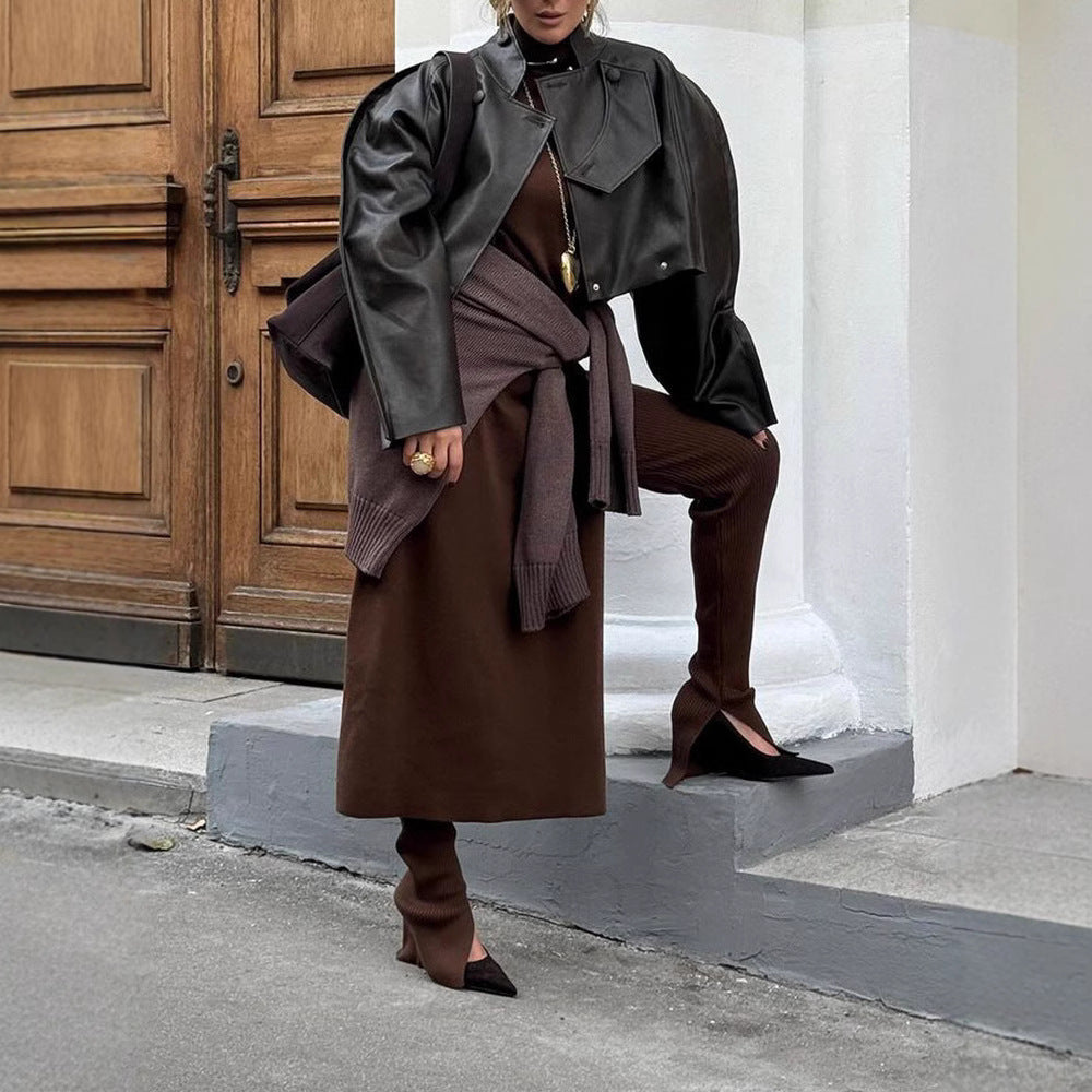 Ladies Elegant Leather Jacket with Textured Design and Asymmetrical Cut Lune London