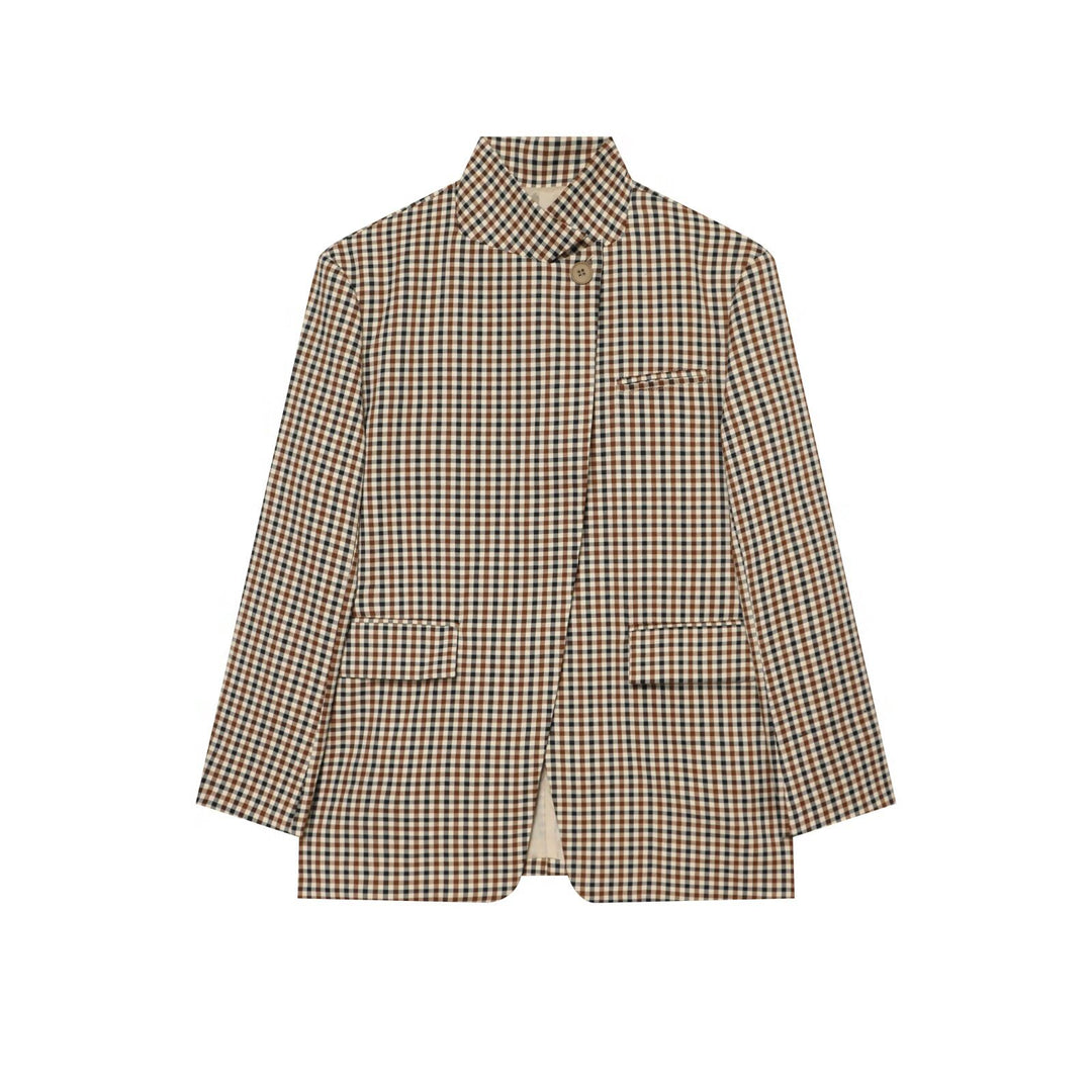 Women Checked Long Blazer with Stand Collar, Concealed Button Placket and Flap Pockets Amarae