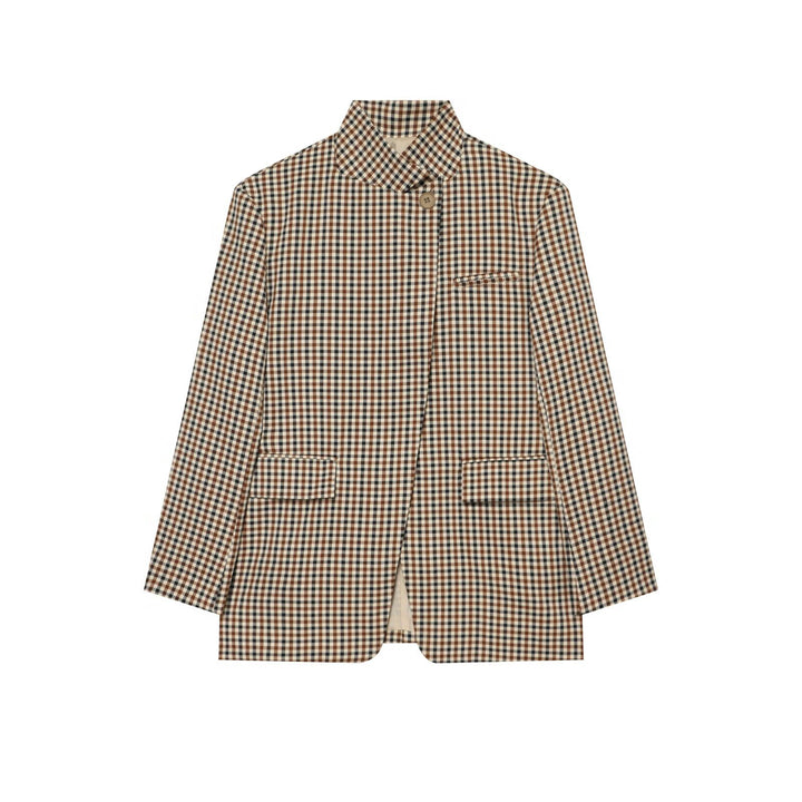 Women Checked Long Blazer with Stand Collar, Concealed Button Placket and Flap Pockets Amarae