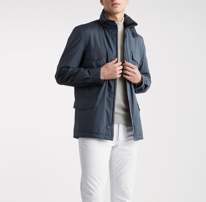 Practical transitional jacket for men with high collar and applied pockets Lune London