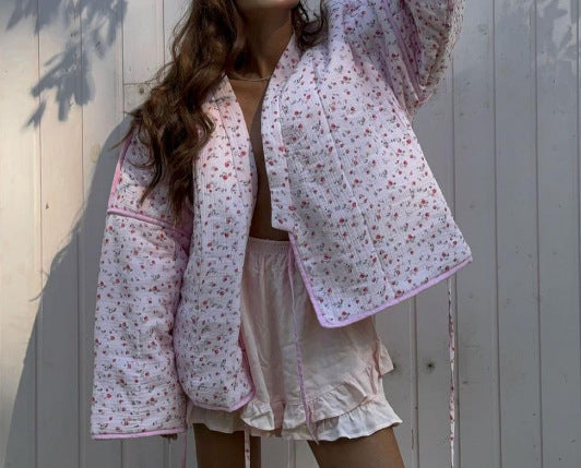 Women's Padded Short Quilted Jacket with Floral Micro Print, Contrast Piping & Boxy Silhouette Amarae
