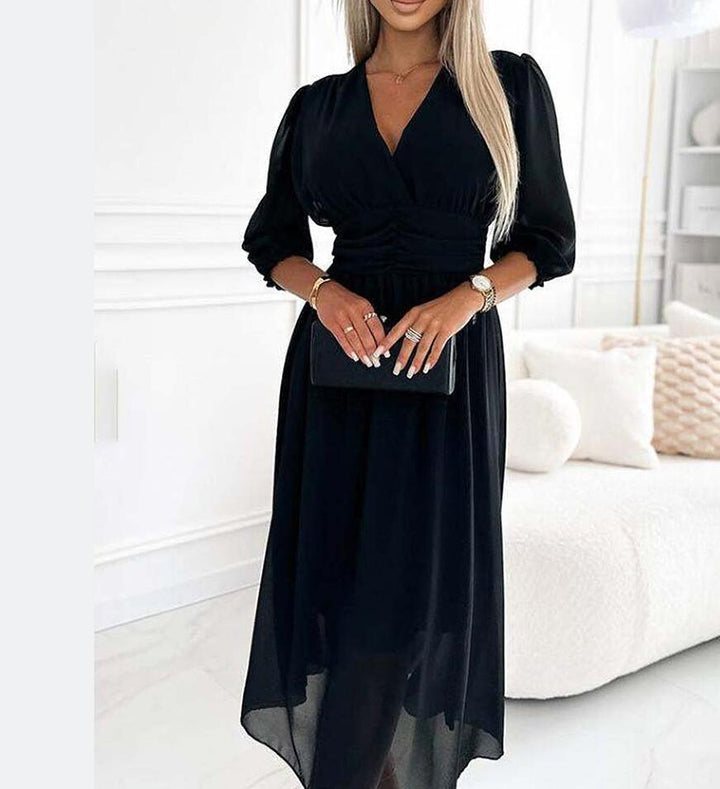 Woman Chic and Stylish V Neck Fluid Maxi Dress