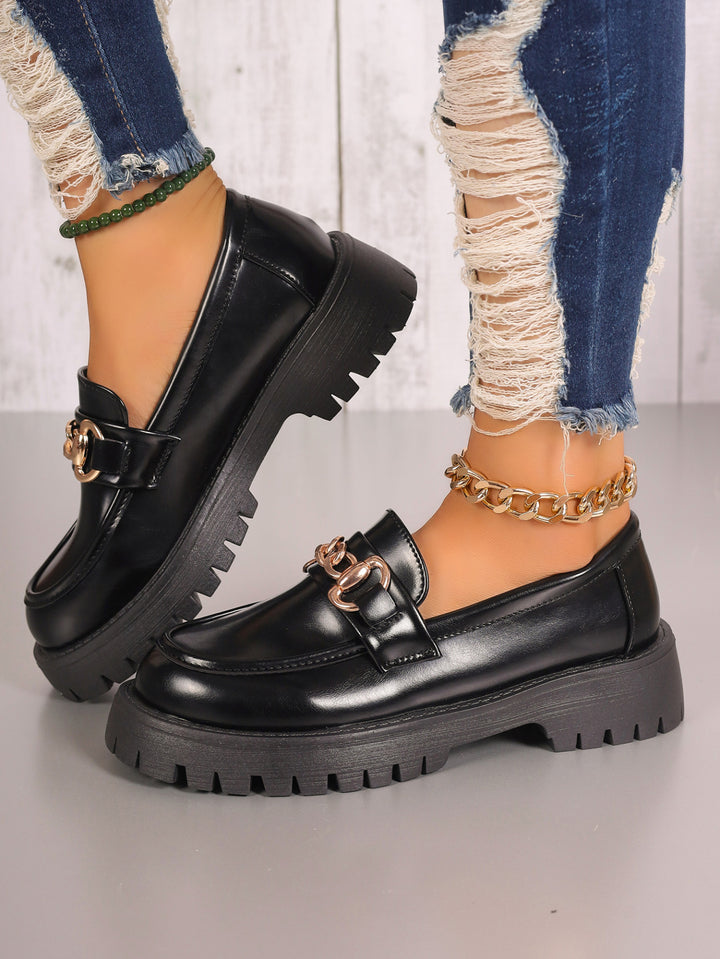 Women Chunky Platform Loafer with Metal Chain Detail and Profiled Rubber Sole Amarae