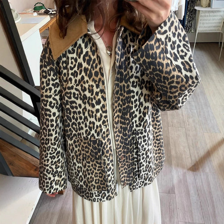 Women's Oversize Field Jacket with Leopard Print and Contrasting Cord Collar Amarae