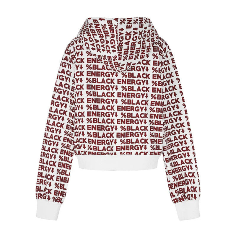 Women short zip hooded jacket with allover logo print and elastic ribbed hem Amarae