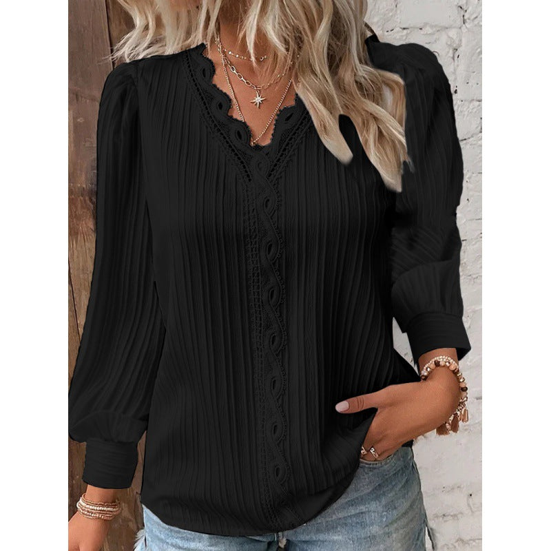 Women Pleated V-Neck Blouse with Lace Trim and Balloon Sleeves Amarae