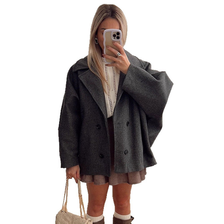 Women's Boxy Wool Blend Cocoon Jacket with Double-Breasted Button Placket and Wide Lapels Amarae