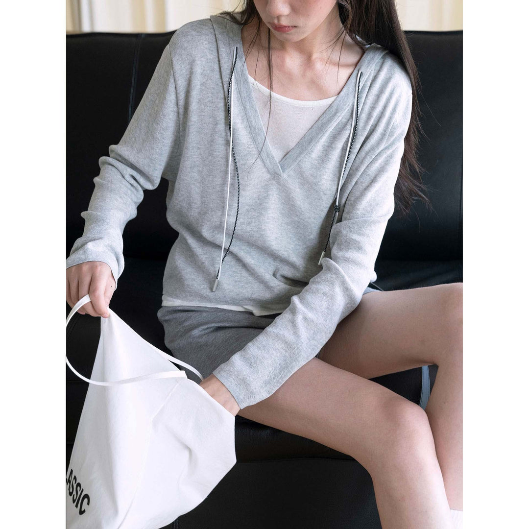 Women's fine knit sweatshirt with deep V-neckline and drawstring hood Amarae