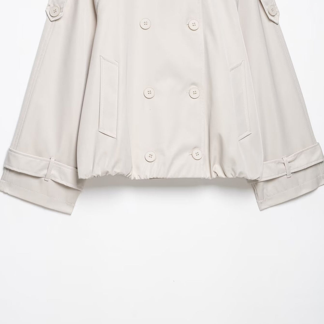 Women Short Cut Cape Trench with High Funnel Collar and Double-Breasted Button Placket Amarae