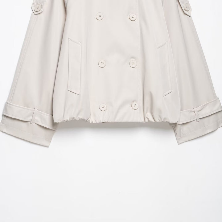 Women Short Cut Cape Trench with High Funnel Collar and Double-Breasted Button Placket Amarae