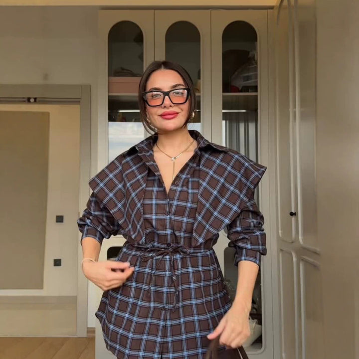 Women's Oversized Checked Shirt with Waist Belt and Extended Back Hem Amarae