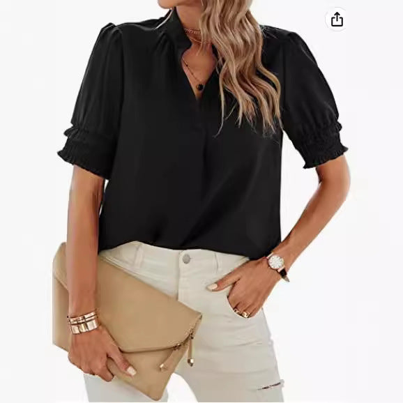 Short-sleeved blouse for women with gathered sleeves and a high collar Lune London
