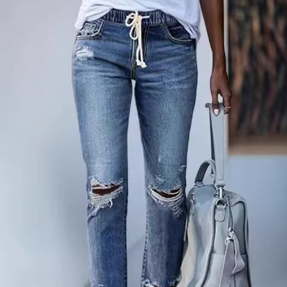 Women Cropped Denim Jeans with Drawstring Waistband, Destroyed Knee Areas and Raw Hem Amarae