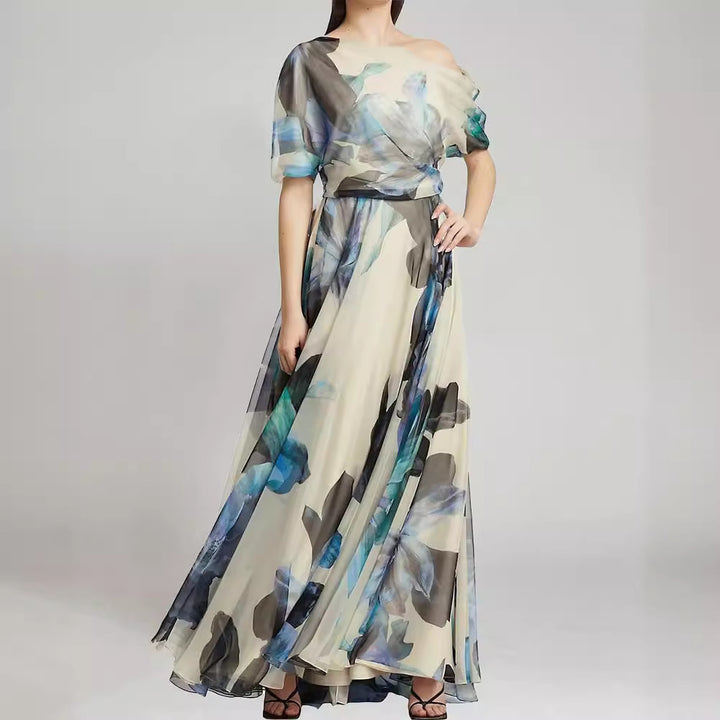 Women elegant chiffon dress with off-shoulder design and floral pattern Lune London