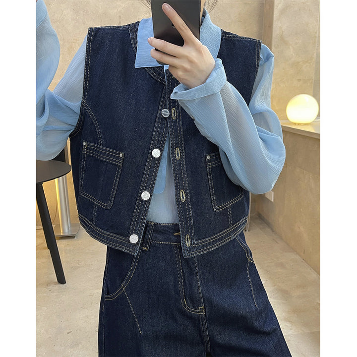 Women's Short Boxy Denim Vest with Contrast Stitching and Patch Pockets Amarae