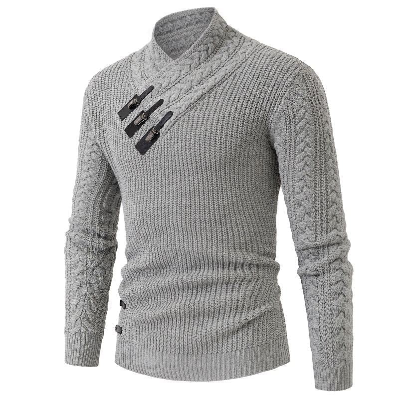 Men's Knit Sweater with Asymmetric Collar and Decorative Zipper Lune London