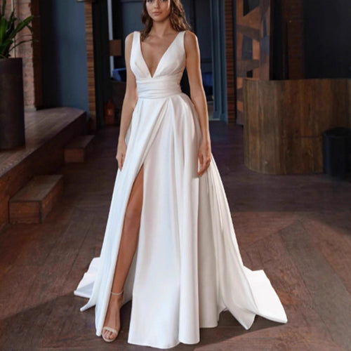 Women's elegant wedding dress with deep V-neckline and side slit
