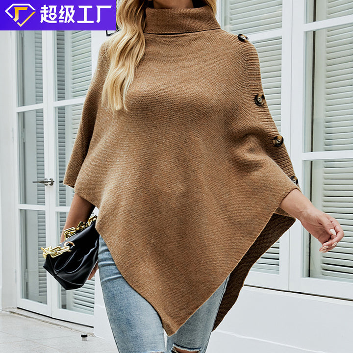 Ladies oversized poncho with high collar and decorative button details Lune London