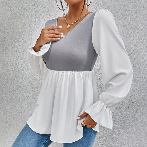 Ladies elegant top with asymmetrical V-neck and puff sleeves Amarae