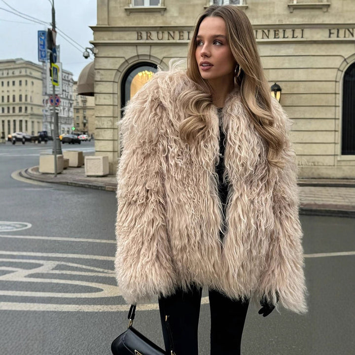 Women's short jacket made of voluminous lambskin imitation with curly structure Amarae