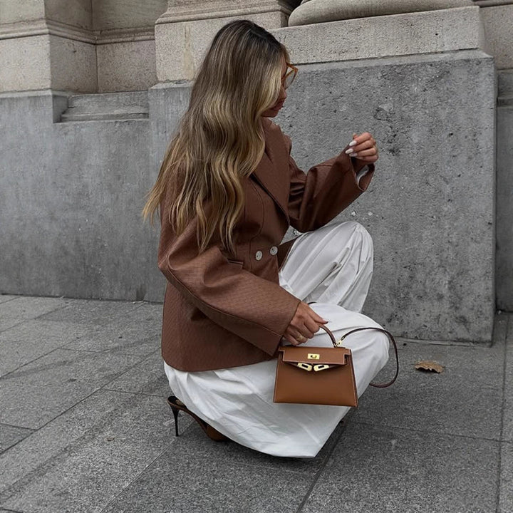 Women's Boxy Blazer with tailored draping and structured faux leather look Amarae
