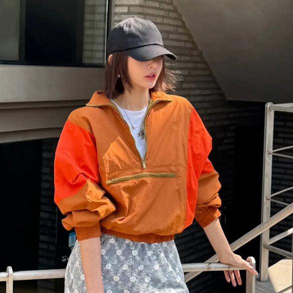 Women’s Short Cut Two-Tone Half Zip Utility Jacket with Elastic Hem and Zipper Pocket Amarae